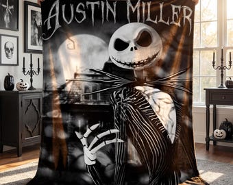 Personalized Skeleton Flannel Blanket, Custom Name Gothic Throw, Spooky Movie Fan Gift, Black and White Horror Decor, Custom Gothic Gift