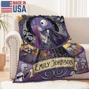 ersonalized Jack and Sally Flannel Blanket, Custom Name Spooky Gothic Couple Throw, Nightmare Before Christmas Movie Lover Winter Gift image 4