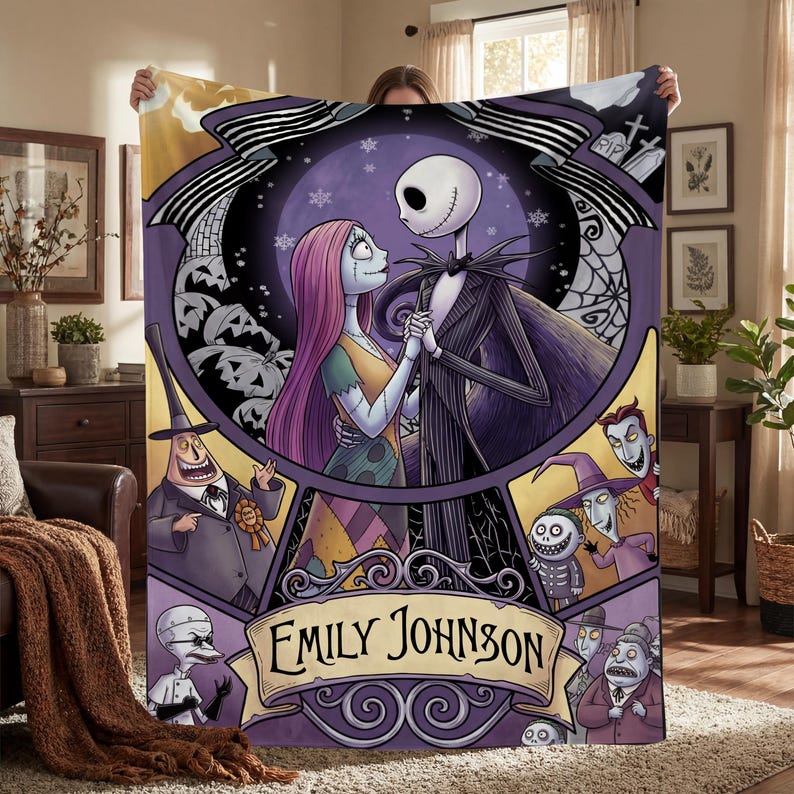 ersonalized Jack and Sally Flannel Blanket, Custom Name Spooky Gothic Couple Throw, Nightmare Before Christmas Movie Lover Winter Gift image 1