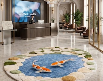 Hand Tufted Koi Fish Pond Rug, 3D Pebble Border, Round Nature Carpet