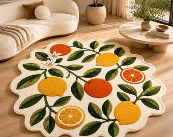 Hand Tufted Citrus Rug, Lemon Orange Area Rug, Handmade Wool Rug, Fruit Botanical Rug, Scandinavian Living Room Decor, Gift