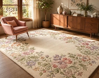 Pastell Blumen Hand getuftet Wollteppich, Cottagecore Teppich, Vintage Botanischer Teppich, Ivory Blumenborte Teppich, Luxus Wohnzimmer Dekor