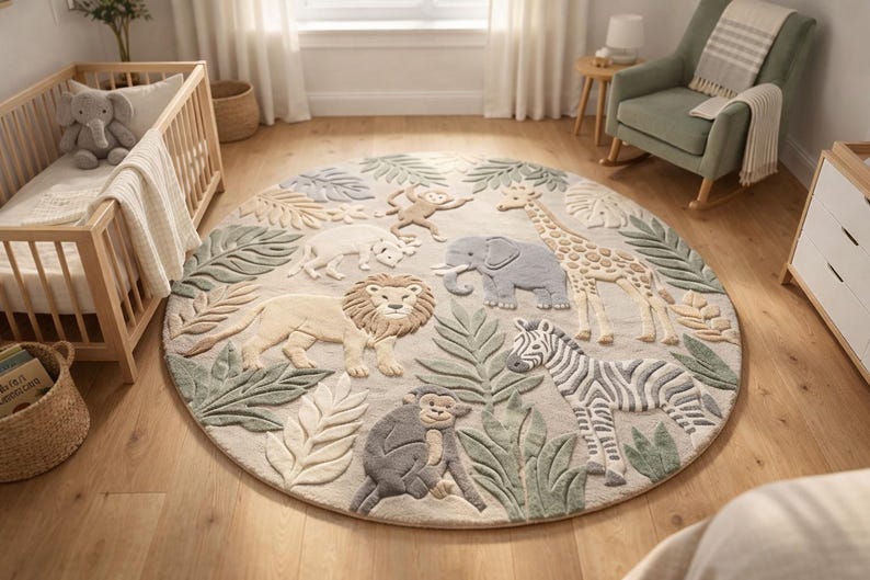 May include: A circular nursery rug with a jungle animal design. The rug has a beige backdrop with raised images of a lion, zebra, giraffe, elephant, monkey, and other animals. Green and beige leaves surround the animals.