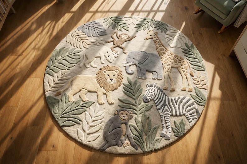 May include: A circular rug with a jungle design. The rug features raised animal figures including a lion, giraffe, zebra, elephant, monkey, and rhino, surrounded by green leaf accents. The rug is on a wooden floor.