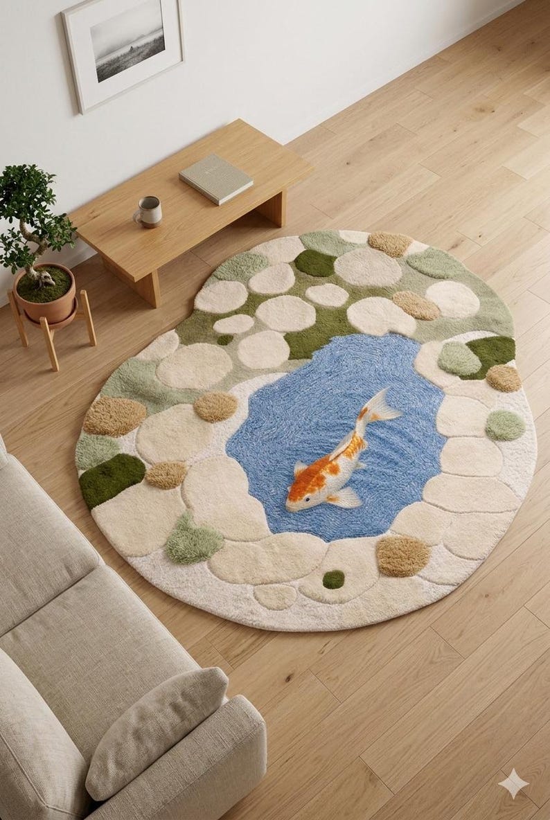 Pond Rug Design Hand Tufted Koi Fish Pond Rug, 3D Pebble Border, Round Ocean Carpet ...