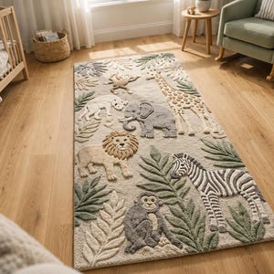 May include: A rectangular rug with a jungle theme. The rug features a giraffe, elephant, lion, zebra, monkey, and other animals. The rug is beige with green and brown accents.