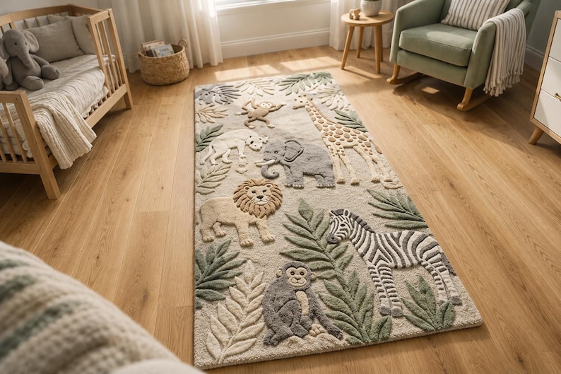 May include: A rectangular rug with a jungle theme. The rug features a giraffe, elephant, lion, zebra, monkey, and other animals. The rug is beige with green and brown accents.