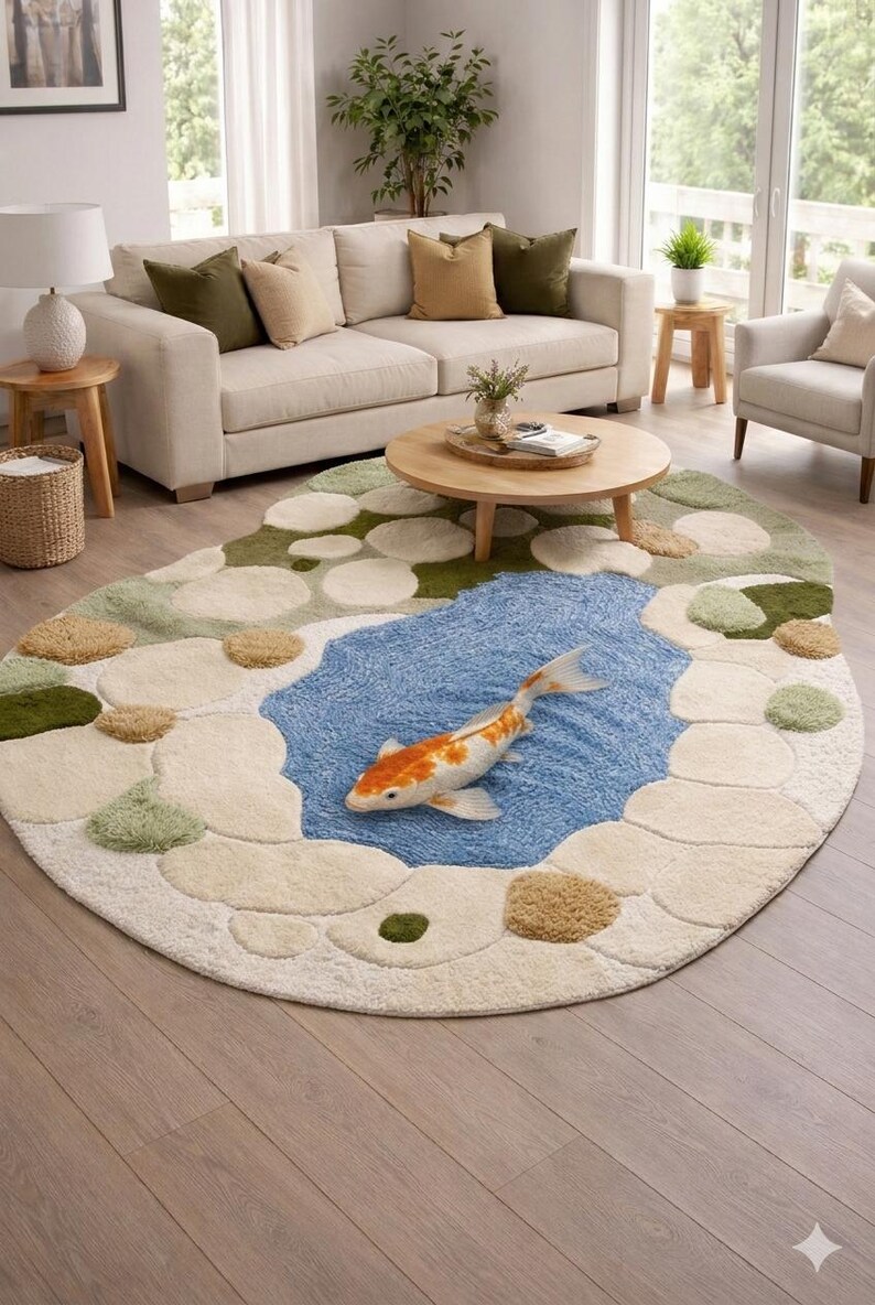 Pond/water Rug Hand Tufted Koi Fish Pond Rug, 3D Pebble Border, Round Ocean Carpet ...