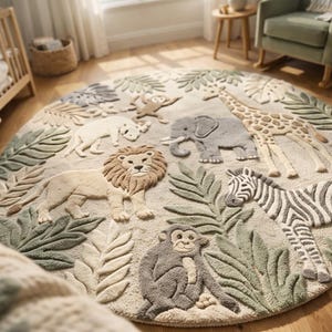 May include: A circular children's rug with a jungle design. The rug features raised animal figures such as a lion, zebra, giraffe, elephant, and monkey, set amongst green leaves. The rug is approximately 150 cm in diameter.