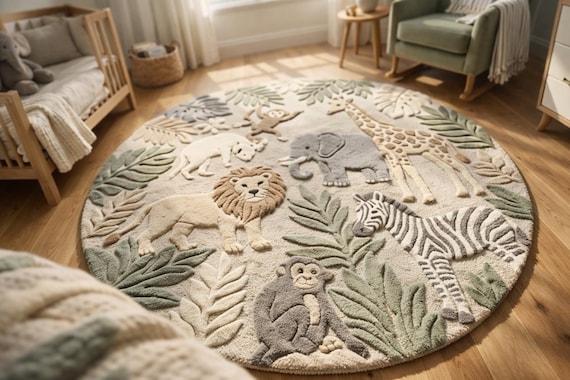Hand Tufted Wool Jungle Animal Rug, Safari Nursery Decor, Round Playroom Carpet