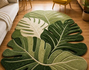 Monstera Leaf Rug, Hand Tufted Botanical Wool Carpet, Irregular Shape Nature Decor