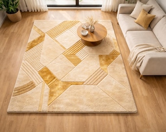 Hand Tufted Geometric Area Rug: Beige Gold Abstract Luxury Carpet