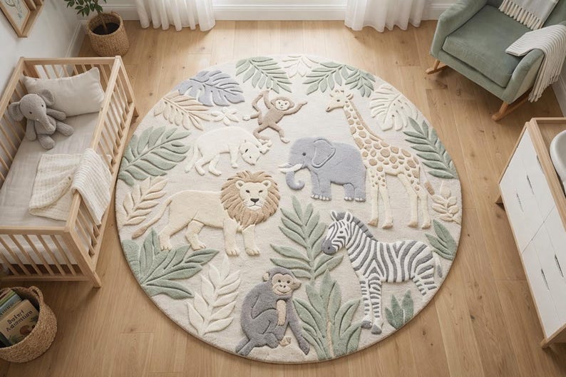 May include: A circular rug with a jungle animal design. The rug features a lion, zebra, giraffe, elephant, and monkeys, surrounded by green and beige leaves. The rug is approximately 152 cm in diameter.