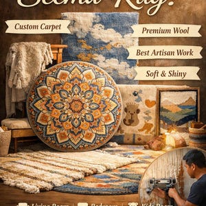 May include: An advert for Seema Rug, showcasing handmade rugs. The image displays a round rug with an orange and blue pattern, alongside other rugs. Text highlights custom carpets, premium wool, and artisan work, with options for living room, bedroom, and kids' room.