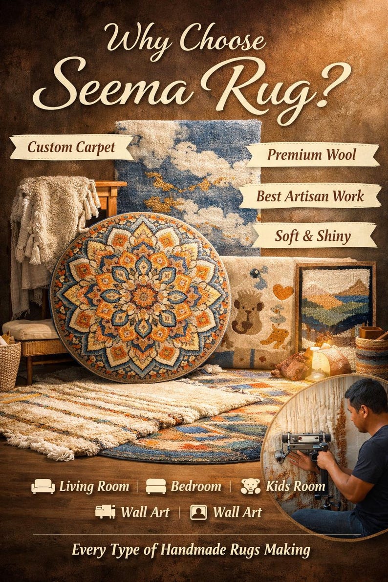 May include: An advert for Seema Rug, showcasing handmade rugs. The image displays a round rug with an orange and blue pattern, alongside other rugs. Text highlights custom carpets, premium wool, and artisan work, with options for living room, bedroom, and kids' room.