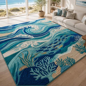 May include: A rectangular area rug featuring a textured ocean theme with deep blue and turquoise waves, white foam crests, schools of small fish, and intricate coral reef patterns in shades of light blue and sandy beige across the surface.