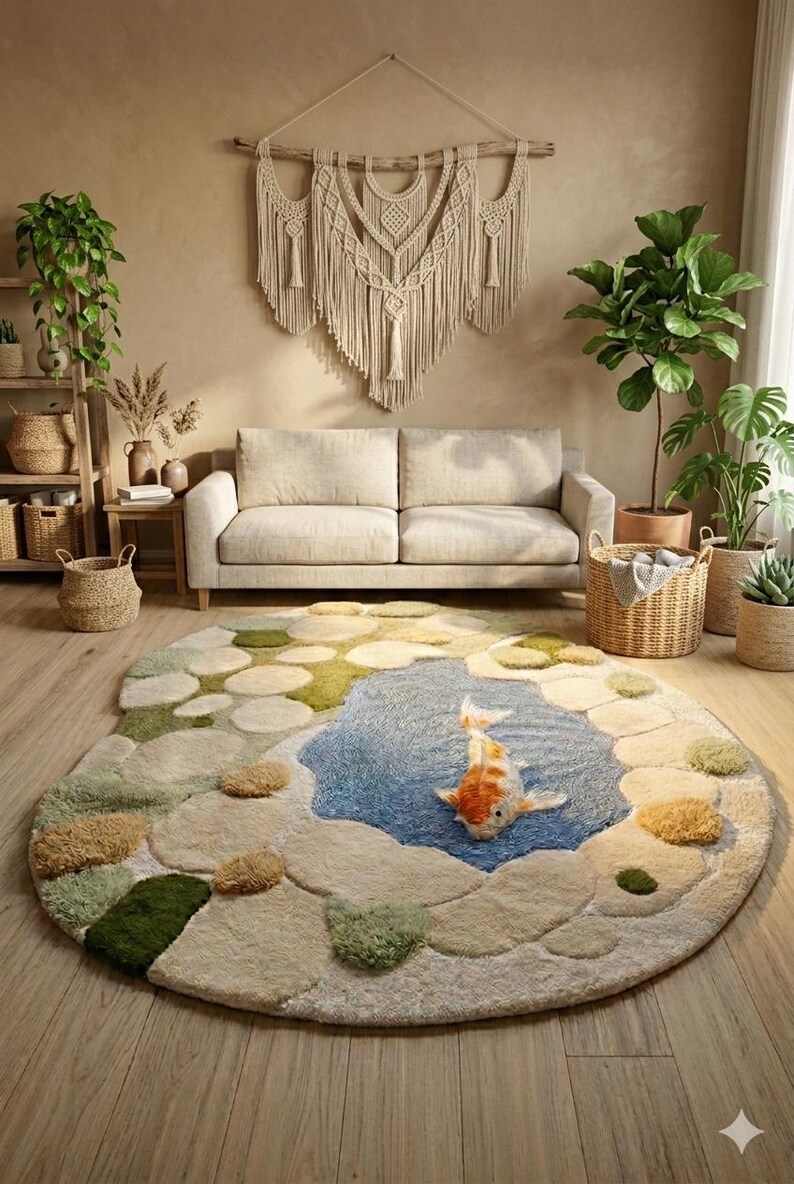 Pond Rug Abstract Hand Tufted Koi Fish Pond Rug, 3D Pebble Border, Round Ocean Carpet ...