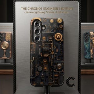 Op de afbeelding: Een Samsung Galaxy S-Series telefoonhoesje met een steampunk-ontwerp, met tandwielen en mechanische elementen. De hoes wordt getoond op een standaard met de tekst "CARBON ART GALLERY" en "THE CHRONOS ENGINEER'S EDITION".