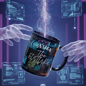 May include: A black coffee mug with the words "DESIGN The FUTURE" in white script. The mug has a black handle and is decorated with blue, teal, and orange geometric patterns. The image has a futuristic theme with a robot and digital displays.
