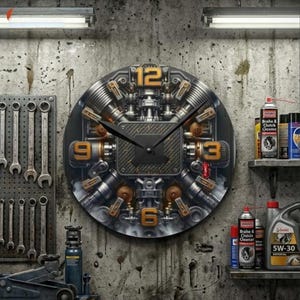 V8 Engine Wall Clock, Carbon Fiber 3D Automotive Art, Man Cave Decor Quiet Luxury