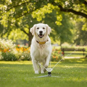 May include: A golden retriever dog runs through a sprinkler on a green lawn. The dog wears a brown collar with a tag. The background includes trees, flowers, and a park bench, with water droplets in the air.