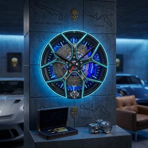 Unique Luxury Gift for Men, Carbon Fiber 3D Racing Rim Wall Clock, Red Performance Caliper Garage Decor, Modern Executive Office Art for Him