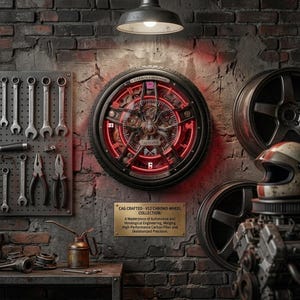Puede incluir: Un reloj de pared circular diseñado como un neumático y una llanta con iluminación LED roja, con un emblema de araña en el centro, el texto "CARBON FIBERMAN" y "CAG CRAFTED", y una placa de latón con "CAG CRAFTED - V12 CHRONO-WHEEL COLLECTION".