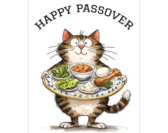 Happy Passover - Cat Holding A Seder Plate | Greeting Card | Blank Inside, Jewish Humor