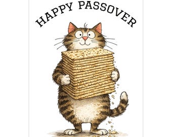 Happy Passover - Cat Holding A Stack Of Matzah | Greeting Card | Blank Inside, Jewish Humor