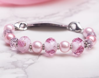 Medical ID Bracelet Woman | Stretch Medic Alert Bracelet |  Interchangeable Bead Watch Band | Bracelet Watch Pink Mauve Pearl - Bed of Roses