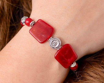 Medical ID Bracelet Woman Stretch Beaded Medic Alert Bracelet Interchangeable Beaded Watch Band Bracelet Red - Paint the Town Red SILVER