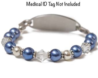 Medical ID Bracelet | Stretch Medic Alert | Beaded Interchangeable Watch Band Replacement | Allergy Diabetes Epilepsy Jewelry |  Blue Pearl