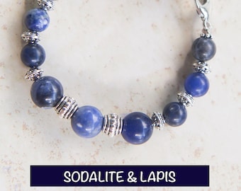 Medical ID Bracelet, Stretch Medic Alert, Beaded Interchangeable Watch Band Replacement, Blue Semi-Precious Stone Genuine Lapis & Sodalite