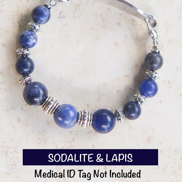 Medical ID Bracelet, Stretch Medic Alert, Beaded Interchangeable Watch Band Replacement, Blue Semi-Precious Stone Genuine Lapis & Sodalite