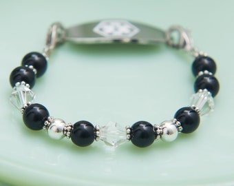 Medical ID Bracelet Woman Stretch Beaded Medical Alert Bracelet Interchangeable Bead Watch Band Stretch Watch Bracelet Crystal - Black Pearl