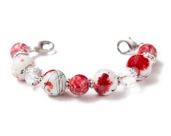 Stretch Medic Alert Bracelet | Medical ID Bracelet Woman | Interchangeable Beaded Watch Bracelet | Red White - Cherry Blossom