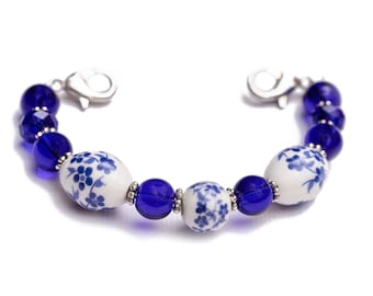 Medical ID Bracelet Woman Stretch Medic Alert Bracelet Interchangeable Watch Band Beaded Watch Bracelet Flowers Cobalt - Cornflower Blue