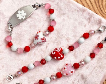 Valentine Medical ID Bracelet Woman | Stretch Beaded Medic Alert Bracelet | Interchangeable Watch Band Bracelet | Red Pink Sweethearts