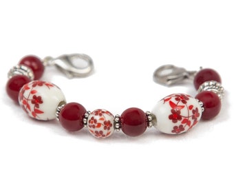 Medical ID Bracelet Woman Stretch Medic Alert Bracelet Interchangeable Watch Band Beaded Watch Bracelet Flowers Red Roses - Lady in Red