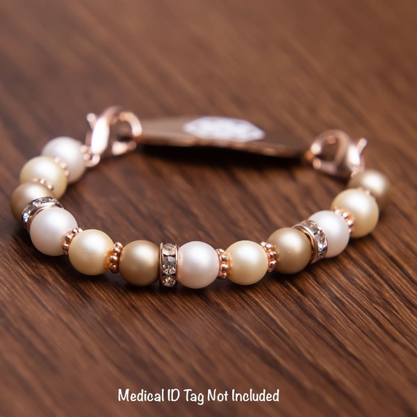 ROSE GOLD Medical ID Bracelet | Woman Stretch Medic Alert Replacement Bracelet | Interchangeable Bracelet Watch | Beige Cream Pearl Luxury