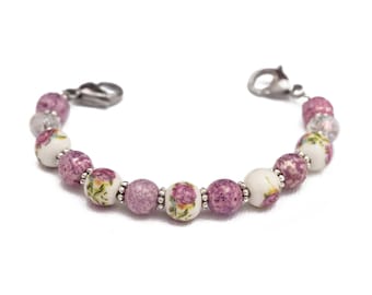 Medical ID Bracelet Woman Stretch Medic Alert Bracelet Interchangeable Watch Band Beaded Watch Bracelet Pink Floral - Rose Garden