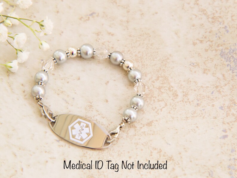 Medical ID Bracelet Woman Pearl Stretch Beaded Medic Alert Etsy