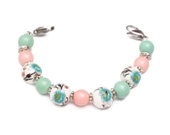 Medical ID Bracelet Woman Stretch Medic Alert Bracelet Interchangeable Watch Band Beaded Watch Bracelet Coral Green - Peaches & Sage