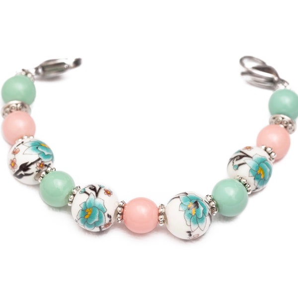 Medical ID Bracelet Woman Stretch Medic Alert Bracelet Interchangeable Watch Band Beaded Watch Bracelet Coral Green - Peaches & Sage
