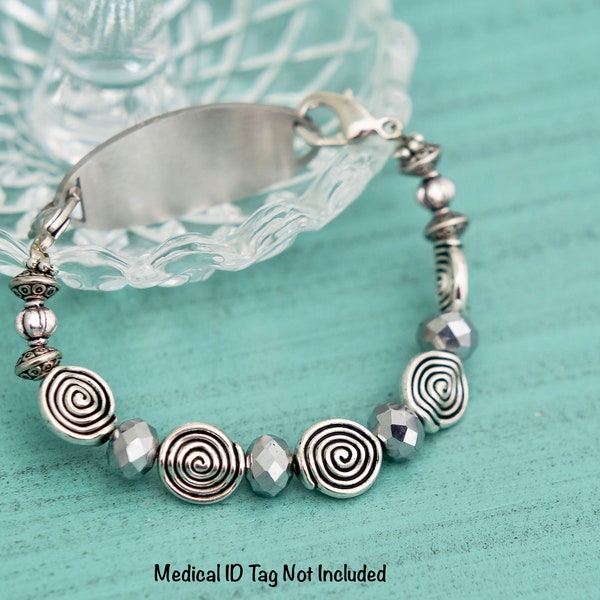 Medical ID Bracelet, Stretch Medic Alert, Beaded Interchangeable Watch Band Replacement, Allergy Diabetes Epilepsy Jewelry - Silver Swirl