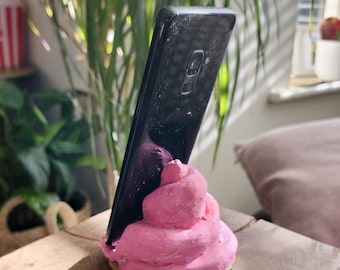 Soporte para teléfono de hormigón coloreado con forma de caca - Decoración de escritorio para oficina - Soporte único para smartphone