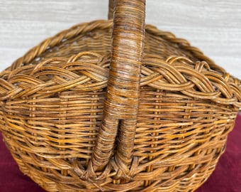 Vintage French Wicker Woven Gathering Basket with Handle