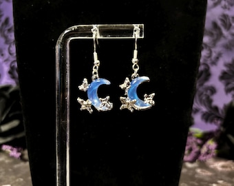 Blue Crescent Butterfly Moon Silver Dangle Earrings