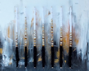 Among the Pines (sold) - 20.5" x 20.5" framed, black, white & gold, wrapped sticks with acrylic painting