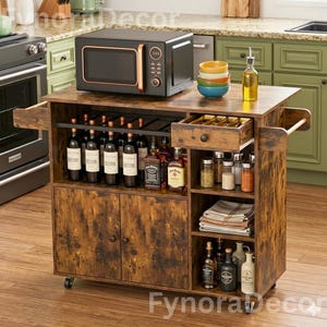 Wooden Kitchen Rolling Cart with Drawer & Shelves | Coffee Cabinet | Kitchen Cart | Bar Cabinet | Kitchen Decor | Bar Cabinet | Prep Table